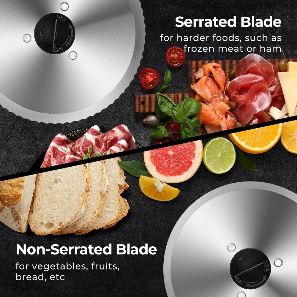 Meat Slicer with Two Removable Stainless Steel Blades&Food Tray, 0-23mm Adjustable Thickness Meat Slicer for Home, Die-Cast