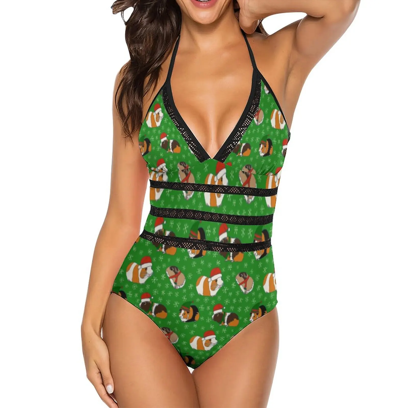 Festive Guinea Pig Swimsuit Sexy Christmas Print Lace Up Swimwear One Piece Cute Swimsuits Surf Push Up Beach Wear