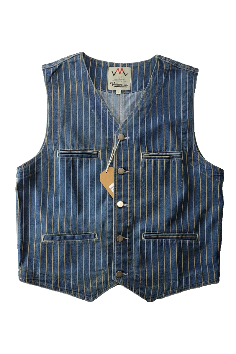 American casual retro denim blue vest washed 100% cotton vertical striped distressed buckle back gentleman camisole vintage