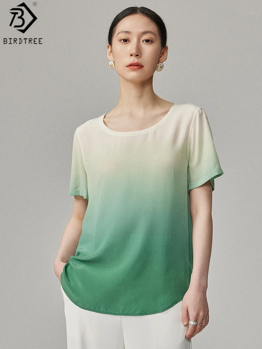 Birdtree, 100% Real Silk Gradient T shirt, O-neck Short Sleeve Casual Tops, Women's Loose Basics Shirt, 2026 Spring New T62321JF