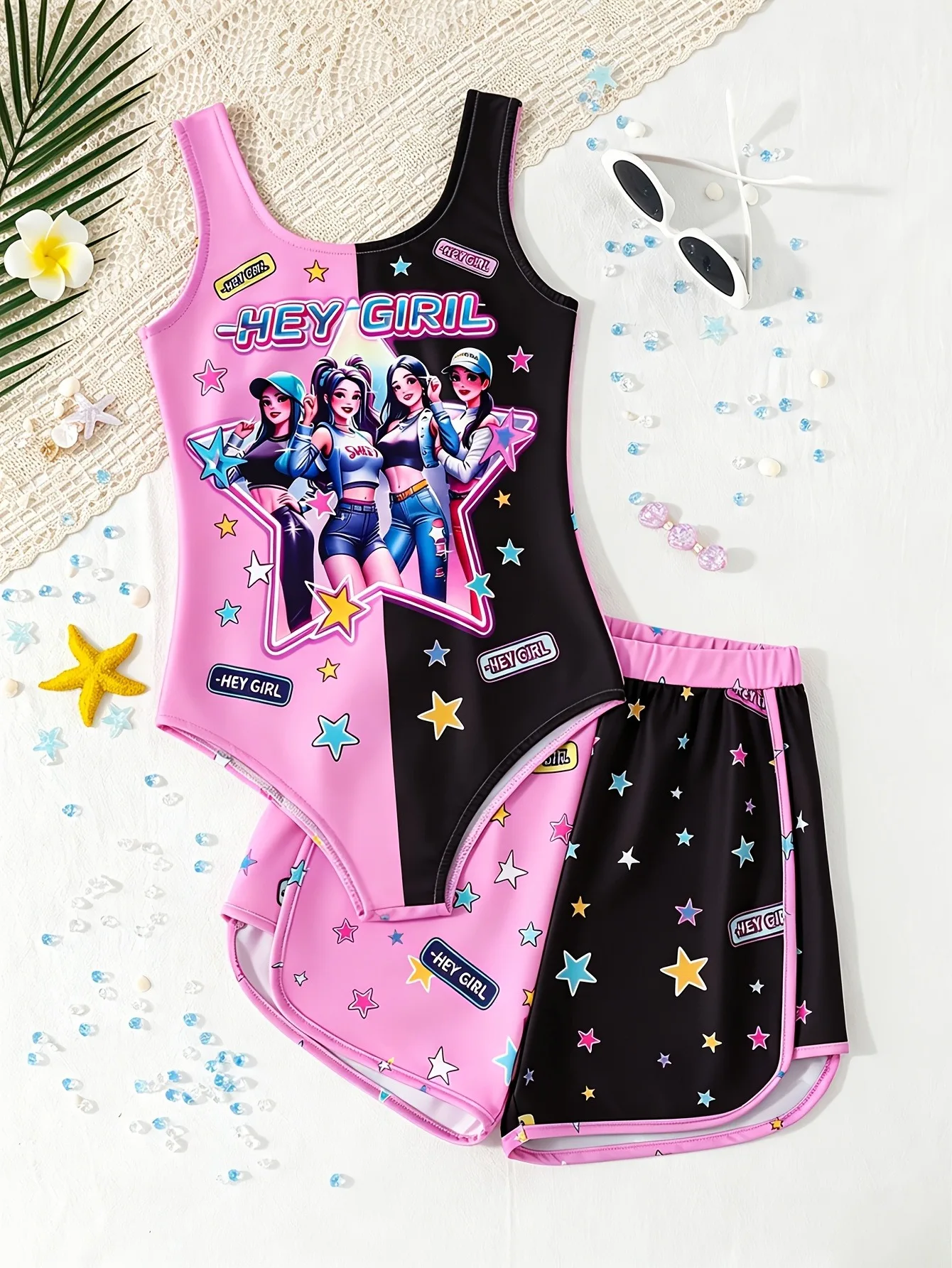 Comfy Kids Girls Two Piece Bathing Suit, U Neck Split Color Hey Girl Cartoon Star Print One Piece & Matching Star Pattern Swim S