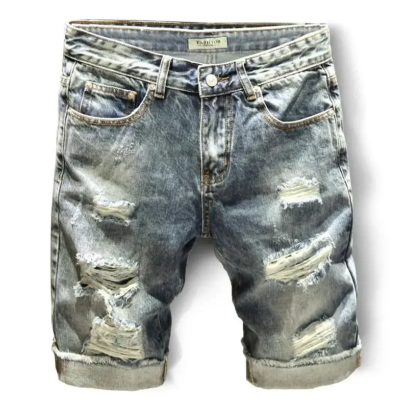 

Slim Ripped Man Denim Shorts Short Jeans Pants for Men with Pockets Skinny Half Bermuda Long Streetwear Original Cut Emo Cowboy