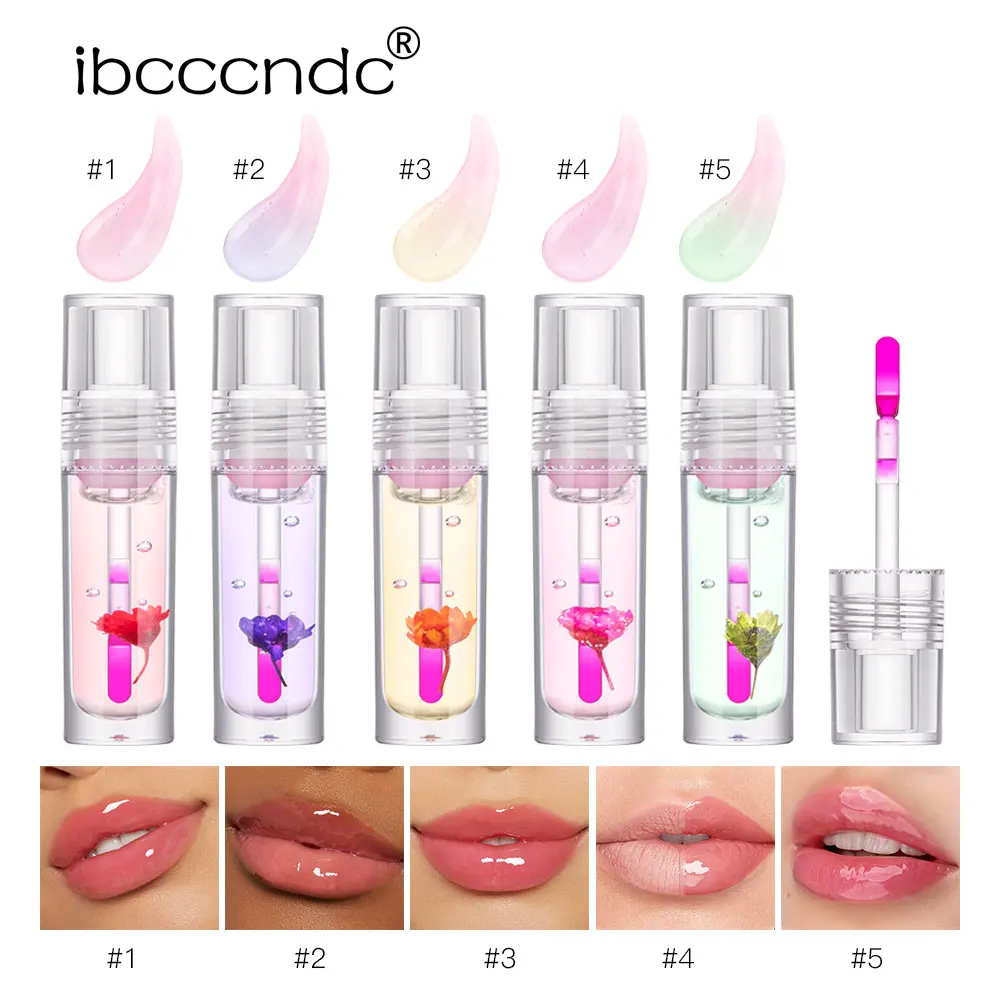 Color Change Flower Lip Oil Transparent Glass Lip Gloss Moisturizing Liquid Lipstick Pink Lip Tint Makeup Lip Glaze Cosmetics