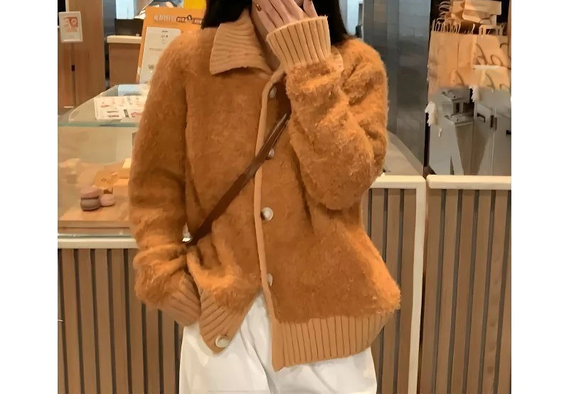 

Orange Collar Sweater Cardigan Jacket Women's 2025 New Autumn and Winter Versatile Knitted Jacket Top