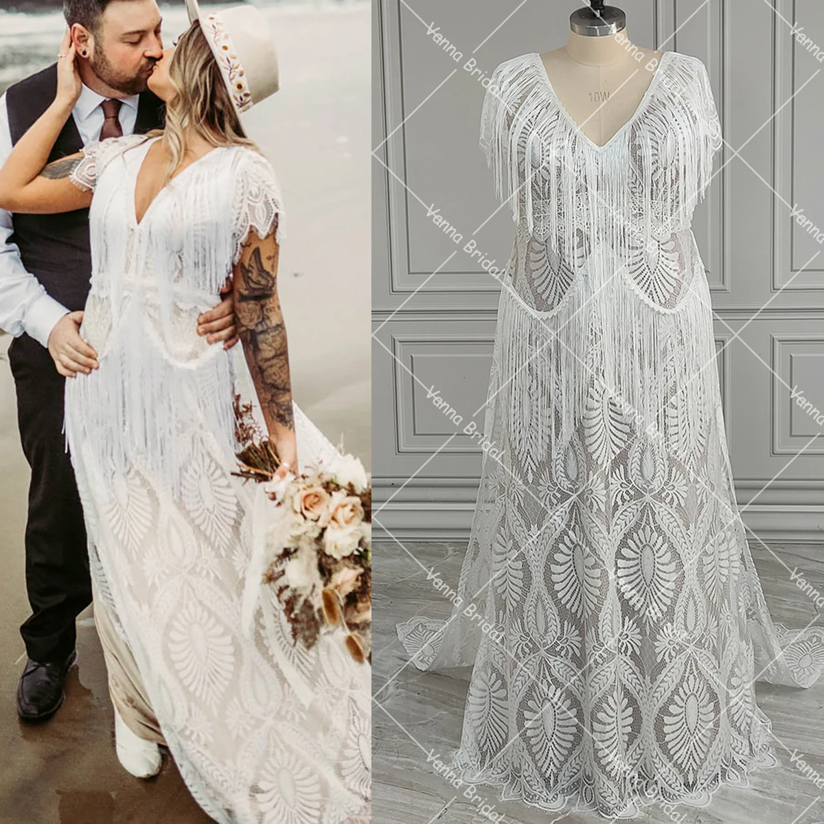 Boho franjas cílios renda vestido de casamento uma linha manga boné sem costas decote em v maternidade praia alta fenda vestido personalizado com borlas