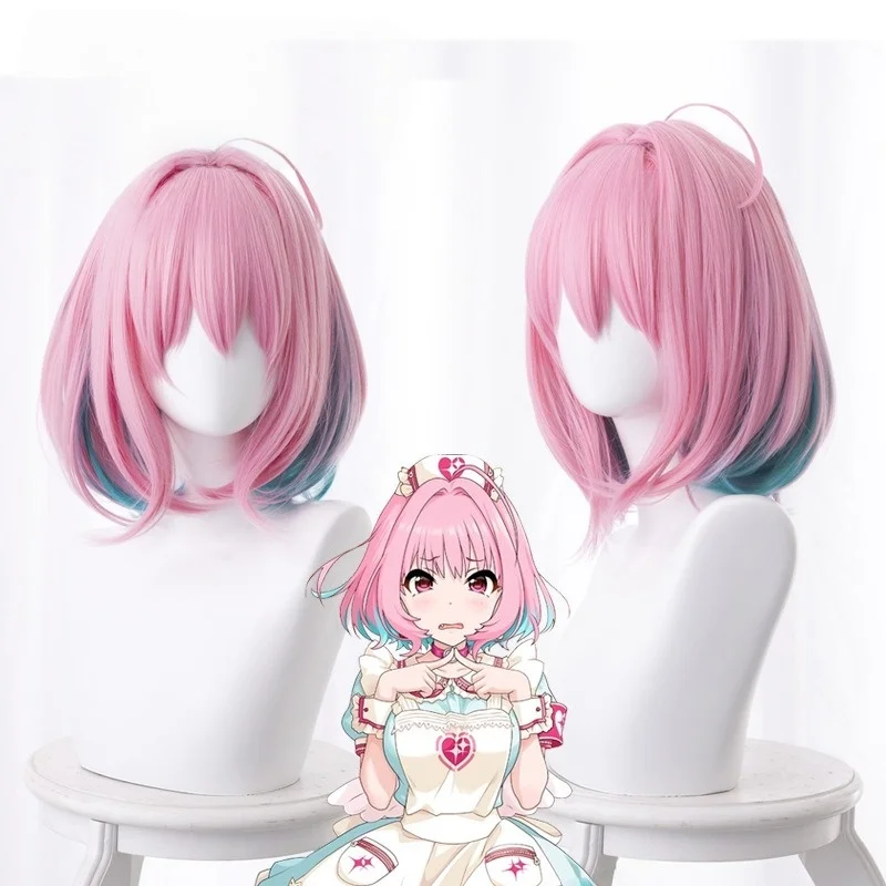 ゲームアイドルマスター-シンデレラ-コスプレウィッグ-38cm-ピンクグリーン-ショートヘア-スターライトステージ-ドリーミングオブリヤメン-コスプレウィッグ