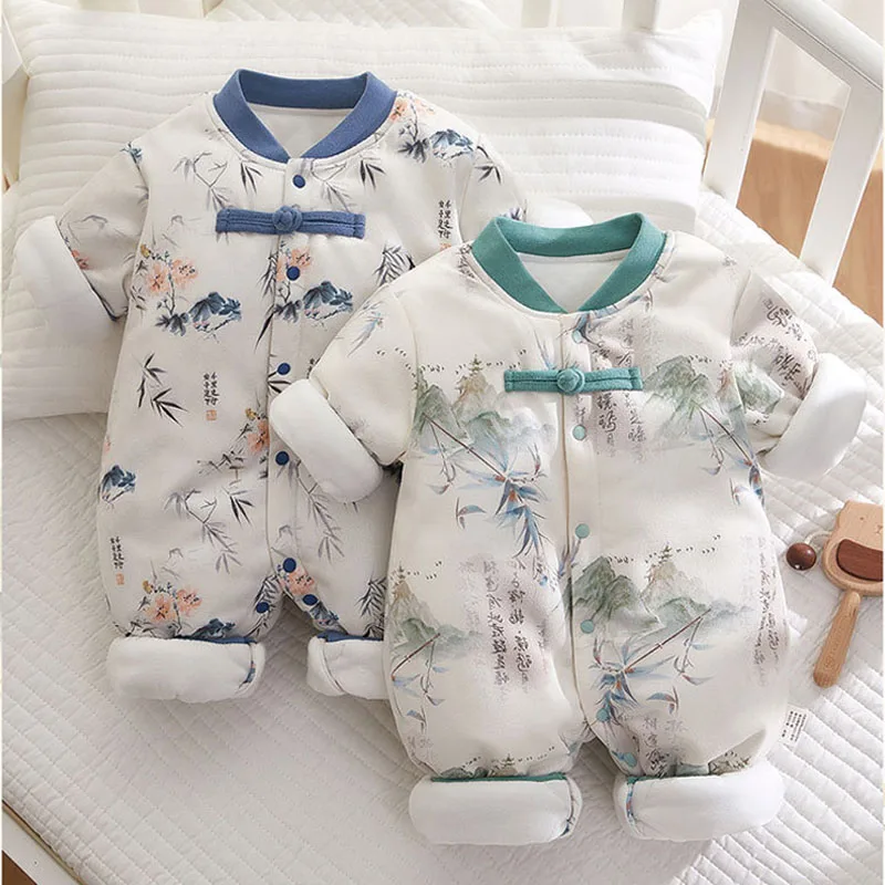 新生児綿-100-ジャンプスーツ長袖ラウンドネック防風カフ三層断熱ロンパース幼児服-0-18m