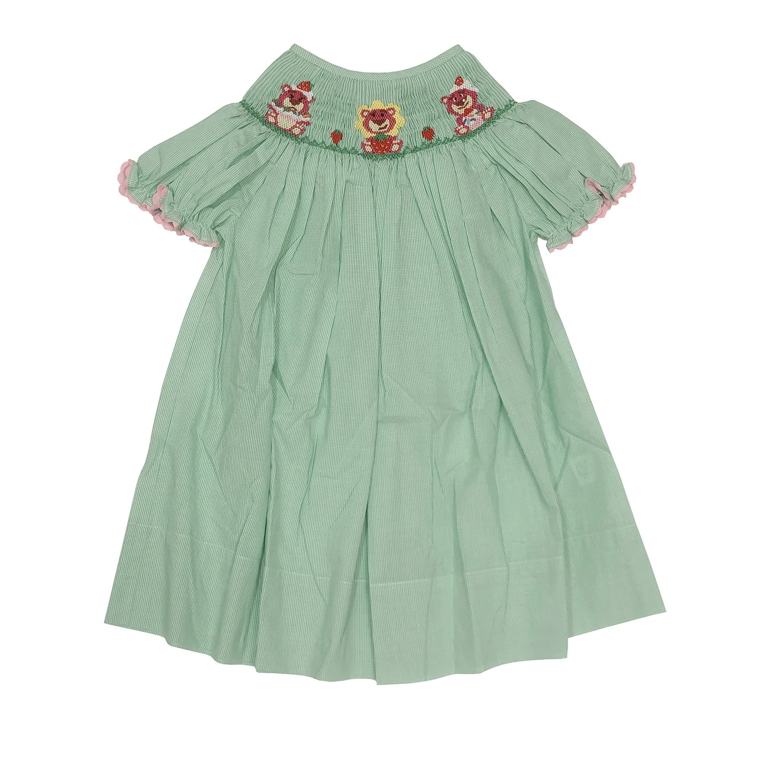 

Girls Smocking Dress Handmade Cute Bear Embroidered Short-sleeved Green Bishop Dress 100% Cotton Children' Boutique 12M-6T