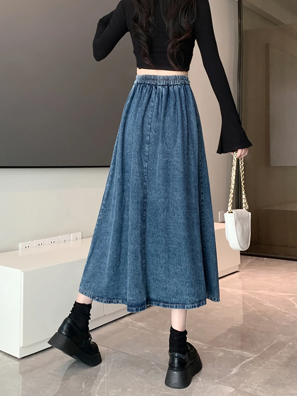 Fashion Women\'s Denim Skirt 2024 Summer New Single-Breasted High-Waist Slim A-line Long Skirts Female Elastic Waist Lac-up Skirt