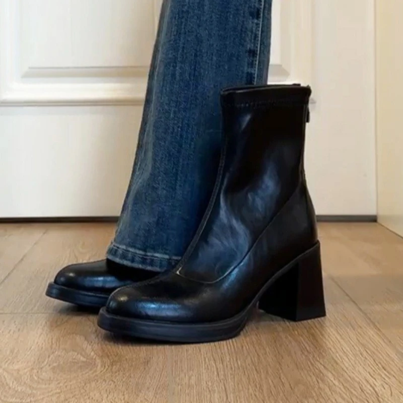 

Women High Heels Thick Soled Short Boots Outdoor Thick Heels Women Boots Back Zipper Elastic Boots Fashionable Solid Color