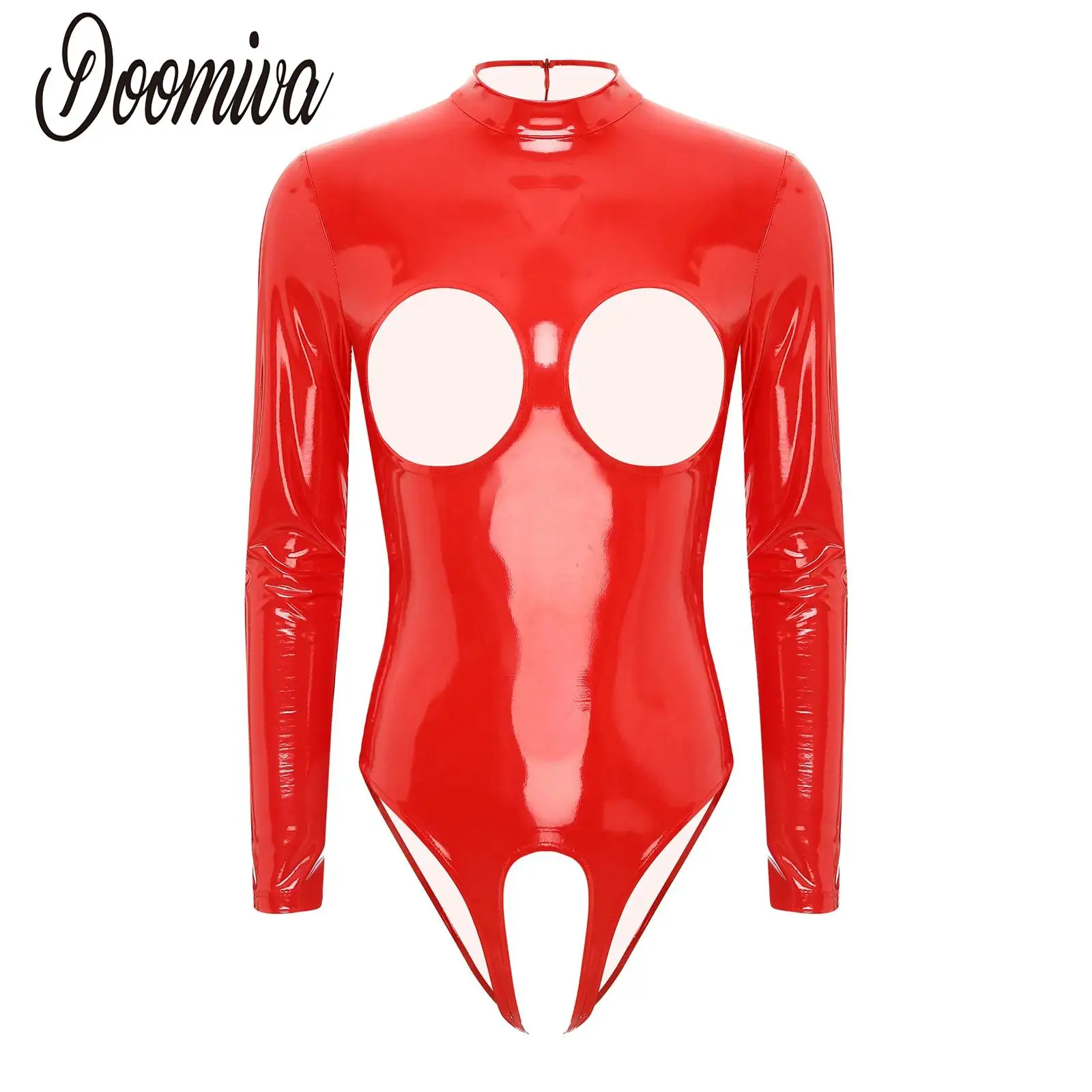 

Sexy Hot Women Open Chest Bodysuit Jumpsuit Rave Wet Look Party Patent Leather Leotard Cutout Crotchless Catsuit Night Clubwear