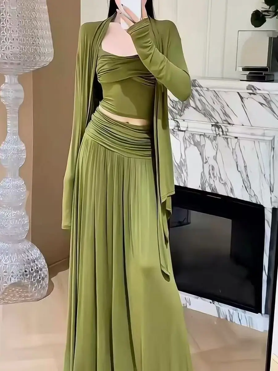Early Autumn Women's Fashion Set Ultra Fairy Cardigan Shawl Small Vest Draping Skirt Three-piece Set Breathable High Waist