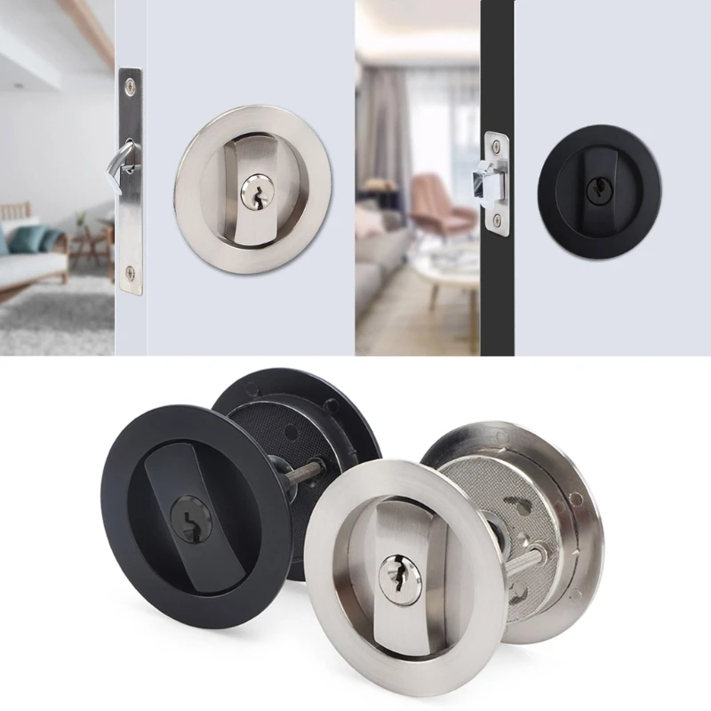 Pocket Door Lock with Keys Contemporary Entry Round Sliding Barn Door Lock Latches Hardware for 35-55mm Thickness Door KXRE