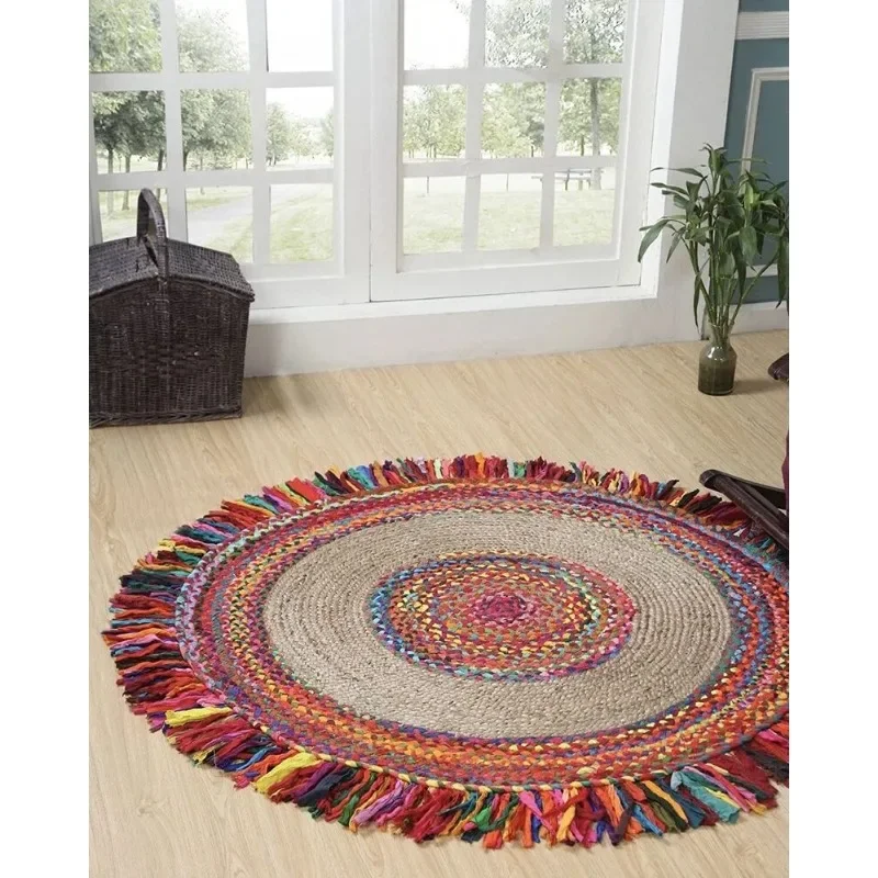 Rug Jute & Cotton Round Reversible Handmade Area Rug Rustic Modern Look Rag Rug