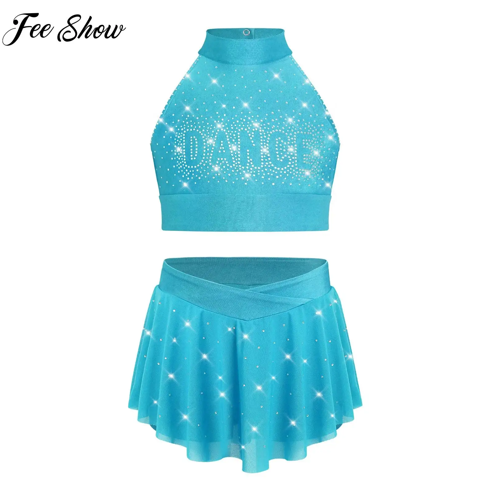 2Pcs Girls Cheerleading Dance Outfit Figure Skating Ballet Gymnastic Dancewear Sleeveless Tops+Skirts Rhinestone Dancer Costumes