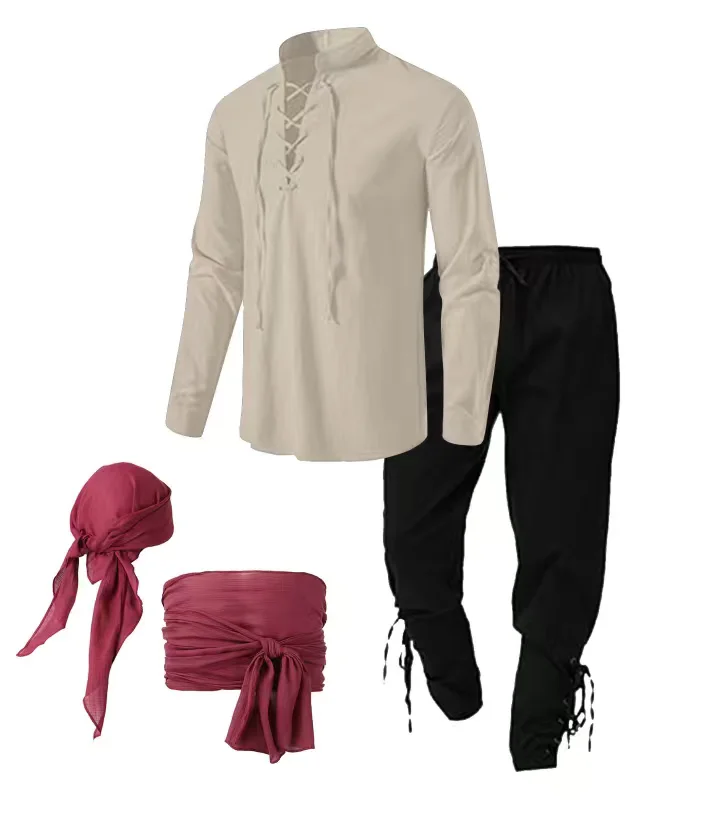 

4 Pcs Halloween Men's Renaissance Costume Set Medieval Pirate Shirt Ankle Banded Pants Viking Belt Accessories