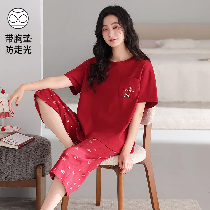 Summer 100％ Cotton Women Pajamas Set 3 Pieces Set Short-sleeve Suit + Calf-Length Pants Sleepwear Female Homewear With Chest Pad