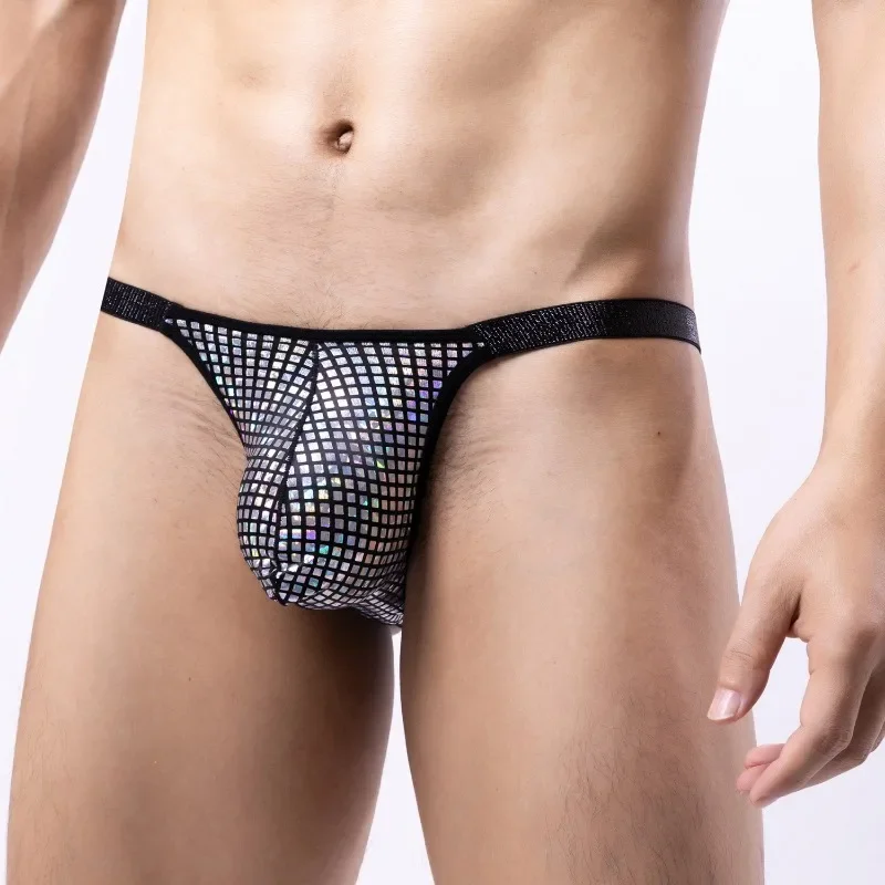 Fashion Men Sexy Bugle Pouch Briefs Underwear Male Glossy Laser Bright Flake Panties Trunks Low Waist Youth Soft Thongs Lingeres