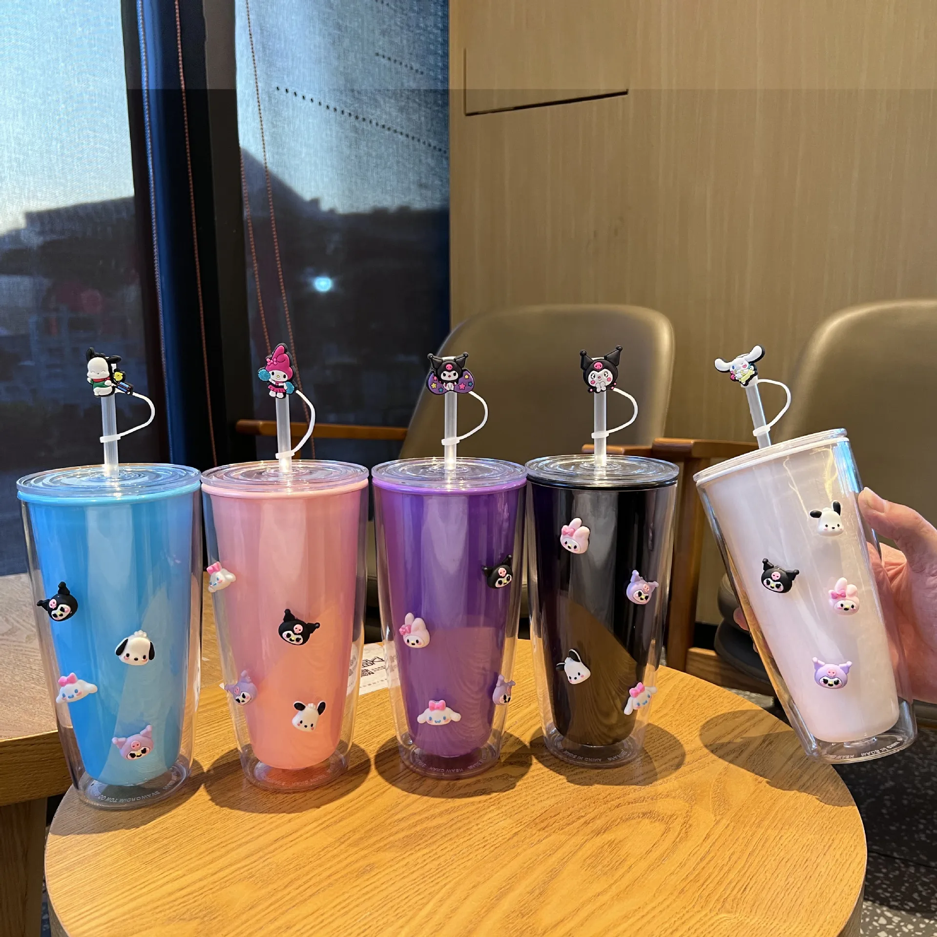 New Sanrio Hello Kitty Cinnamoroll Kuromi Water Cup Solid Color Double-Layer Plastic Cup Portable Sport Mug Straw Water Cup Gift