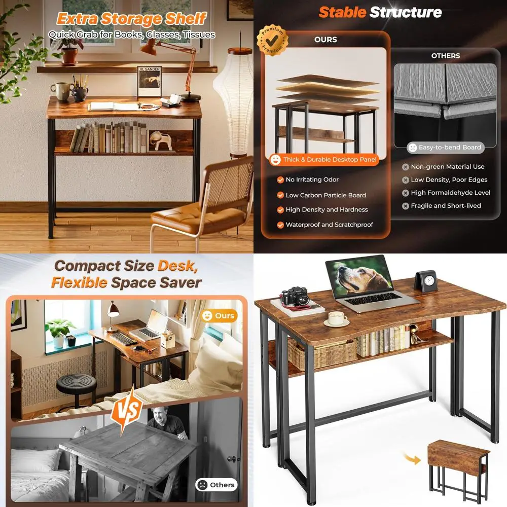 

Compact 31.5 Folding Desk with Storage, Rustic Brown, Ideal for Small Spaces and Sofa Tables