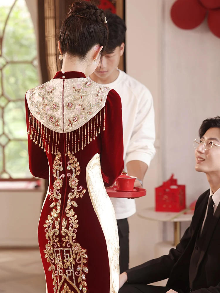 

Ele New Chinese Sle Velvet Dr Embroidered Wedding Dr Long Sve Floor Length Bodycon for Wedding Par Performance