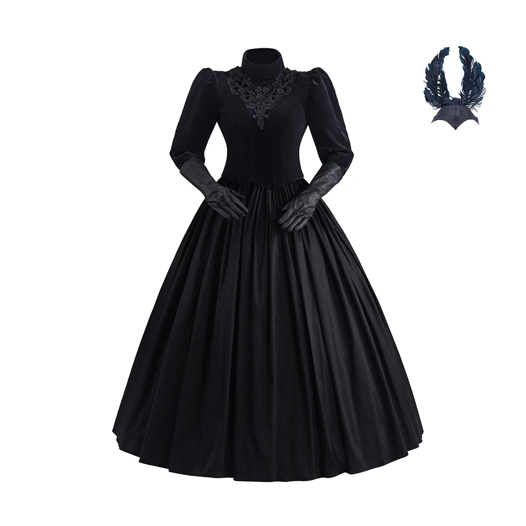

Siobhan Corbyn Cosplay Costume Horror TV Series Siobhan Gothic Witch Black Dress With Horns Gloves Halloween Carnival Outfits