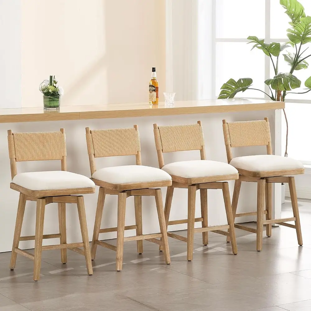 

Set of 4 Linen-Cloth Swivel Counter Stools with Rope Back and Wooden Legs, Suitable for Kitchen, Bar, or Patio, Beige Rope