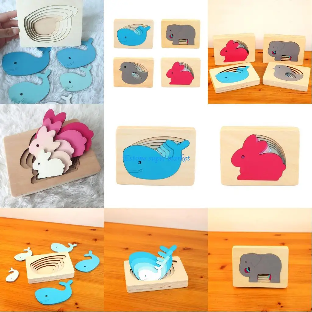 

090B Детские деревянные пазлы с животными, многослойные головоломки, игровой набор для раннего образования