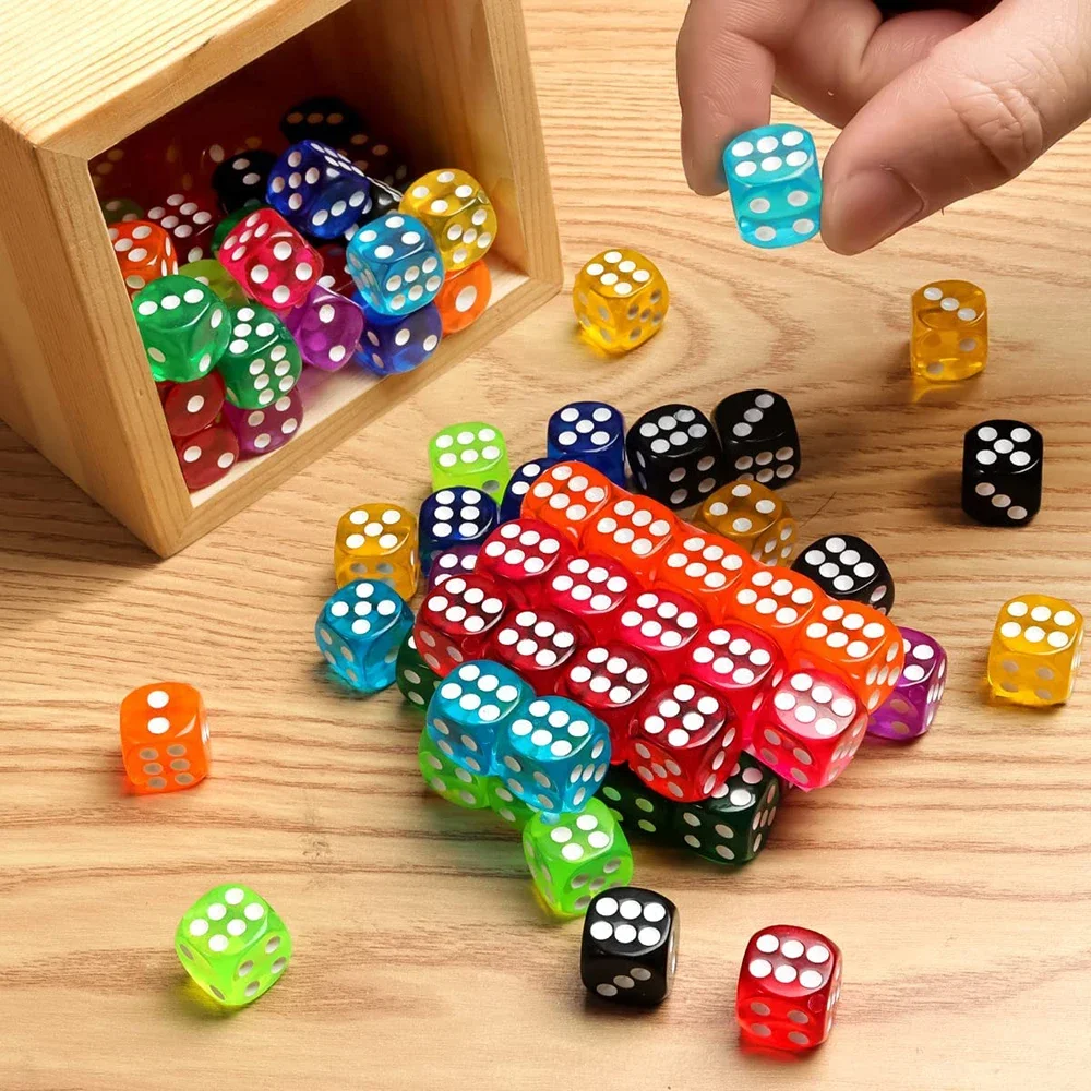 100PCS/Set D6 Dice 12mm 6 Sided Multicolor Transparent Color Acrylic Rounded Edges Dice For Table Board Game Drink Party DND