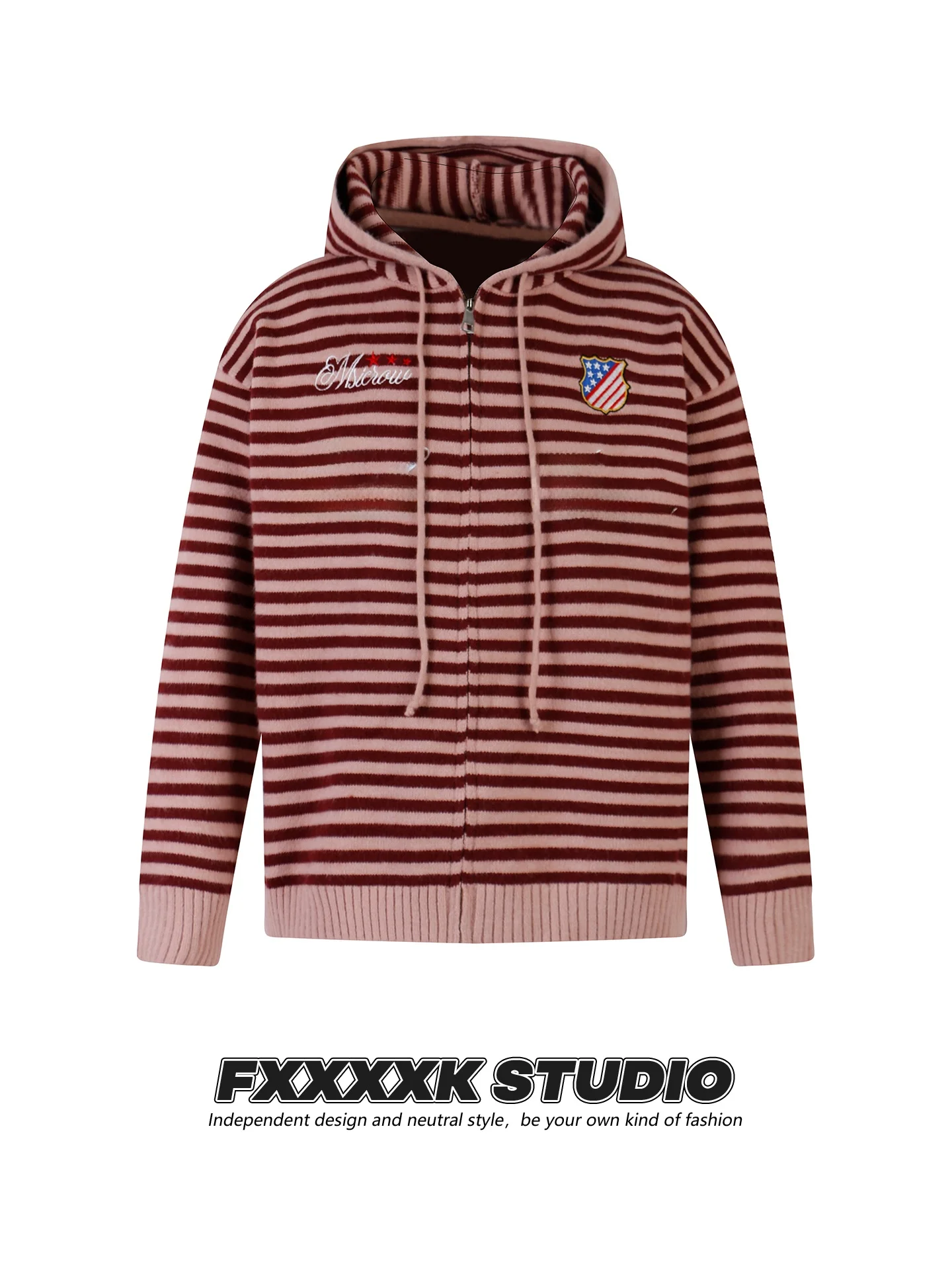 

Оригинальный вязаный кардиган FXK в стиле ретро, американский трендовый, в полоску, свободного кроя, с капюшоном, для пар, верхняя одежда