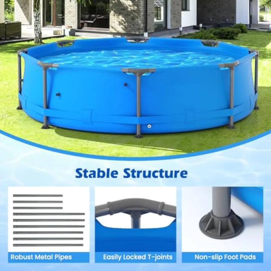 10フィート x 30インチの金属フレーム地上プール、屋外裏庭用ファミリープールセット、耐パンク性生地、排水機能付き