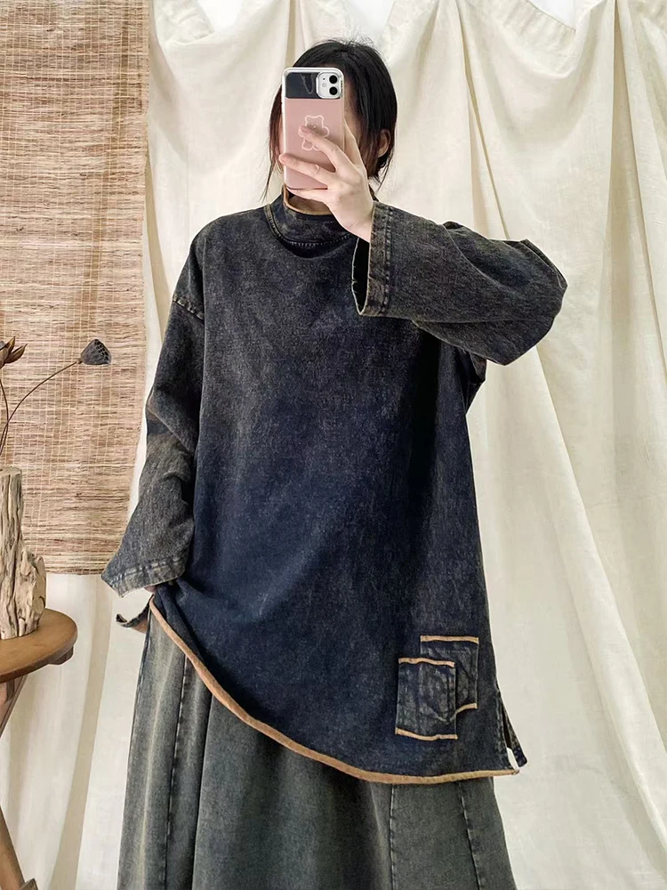 Amax luluE Spring Clothes Women Vintage Turtleneck Long Oversized Denim T-shirts Fashion Ladies Loose Casual Classic Cotton Tops