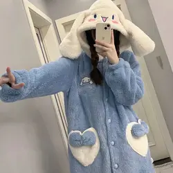 Sanrio New Autumn Winter New Bath Robe Kawaii Soft Girl Cinnamoroll Sleepwear Japanese Blue Home Hooded Pajamas Bathrobe Women