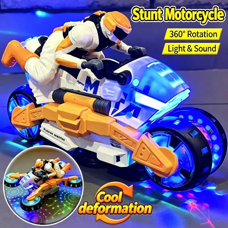 Deformation Stunt Motorcycle 360° Rotation Obstacle Avoidance Electric Motorbike Drift Vehicle with Light Music Kids Boys Gifts