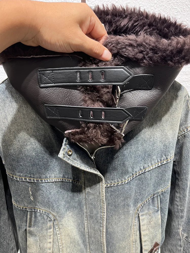 Mode femmes hiver chaud duvet d'oie veste en jean réel mérinos col de fourrure de mouton épais vêtements de luxe Parkas femme doudoune