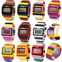 Women Mens Colourful Unisex Building Blocks Rainbow Digital Electronic Students Multi-Function Sports Wrist Watches Gifts Clock