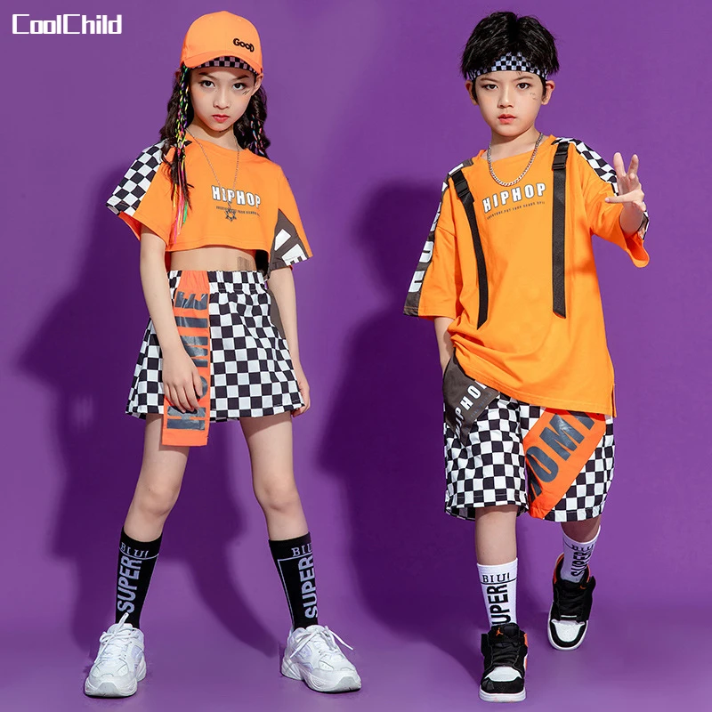 Boys Hip Hop Summer T-shirt Street Dance Contrast Cargo Shorts Girls Crop Top Plaid Skirts Child Clothes Sets Kids Jazz Costumes