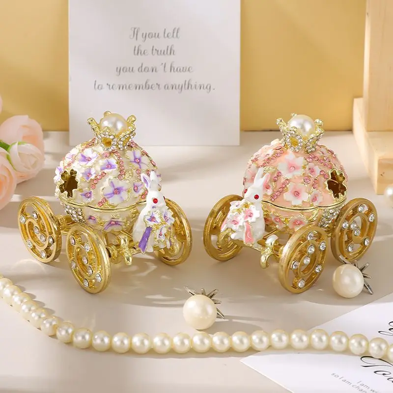 Rabbit Carriage Cloisonné Enamel Jewelry Box Handmade Vintage Rings Storage Boxes Home Decor