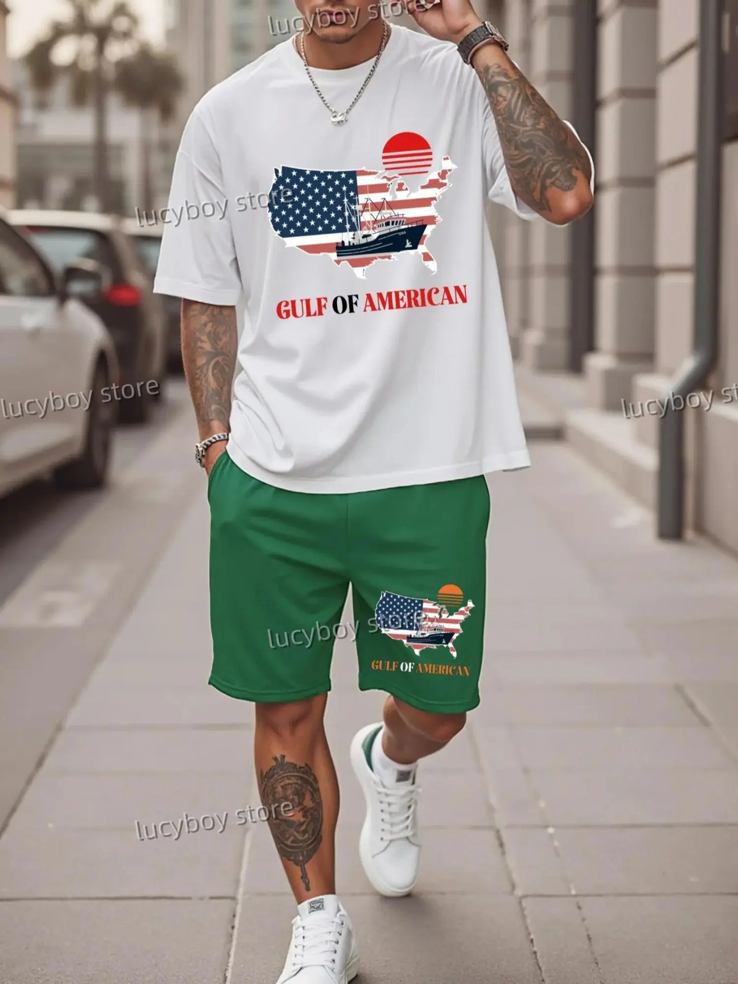 

GULF OF AMERICAN Large Men'S Short-Sleeve T-Shirt Set Casual Outdoor Sports Short-sleeved Drawstring Shorts Men's Clothing