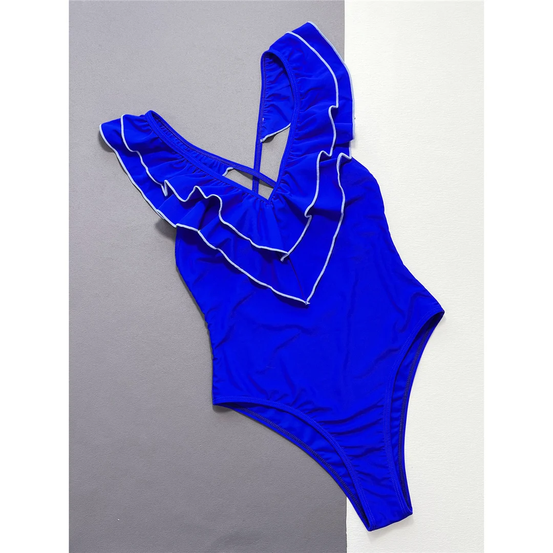 Einteiliger Badeanzug mit Rüschen, V-Ausschnitt und Kreuzrücken für Damen, Monokini mit hohem Beinausschnitt, Badebekleidung, Badeanzug, Modell V4675 – Detail 9