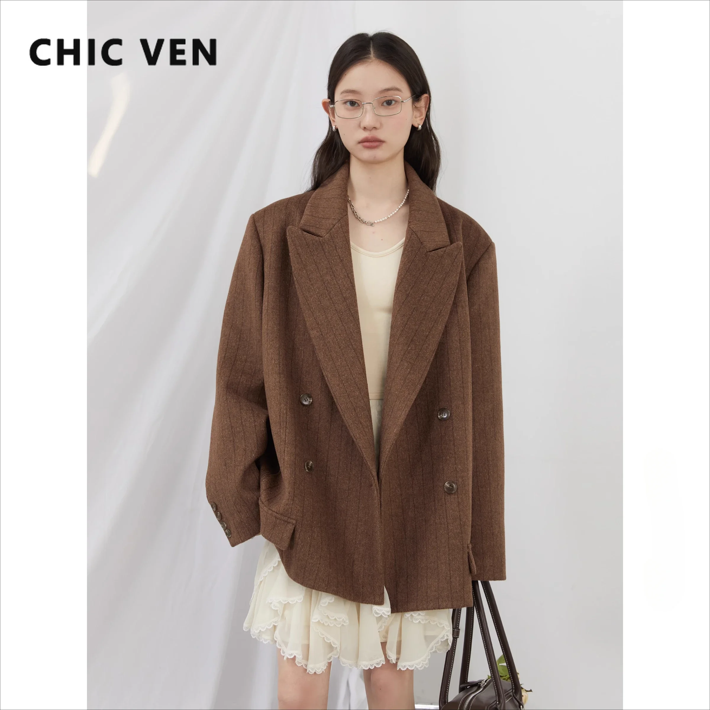 CHIC VEN Women Woolen Blazer Loose Vintage V Neck Female Jacket Suit Double Breasted Office Ladies Coat Spring Autumn 2025