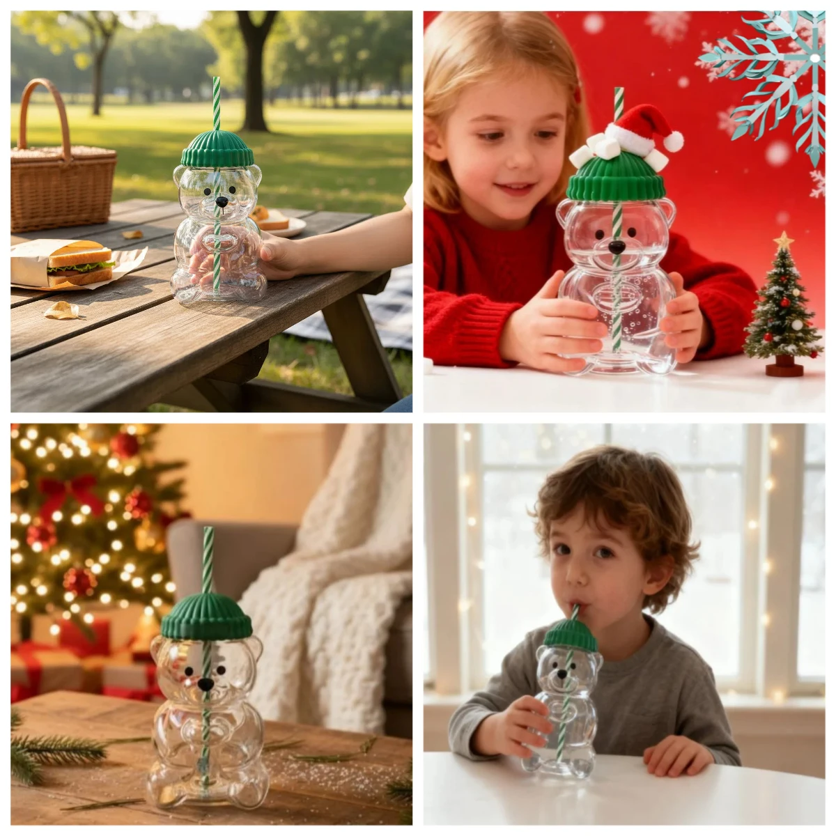 

Holiday Season Cute Glass Bear Cup - with Reusable Straw, Best Christmas Secret Santa Gift Idea