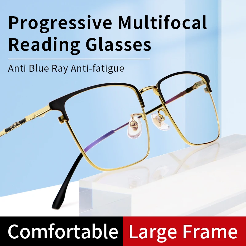 

Progressive Multifocal Reading Glasses Blue Light Blocking for Men,Large Oversized Metal Frame,Rectangular Readers