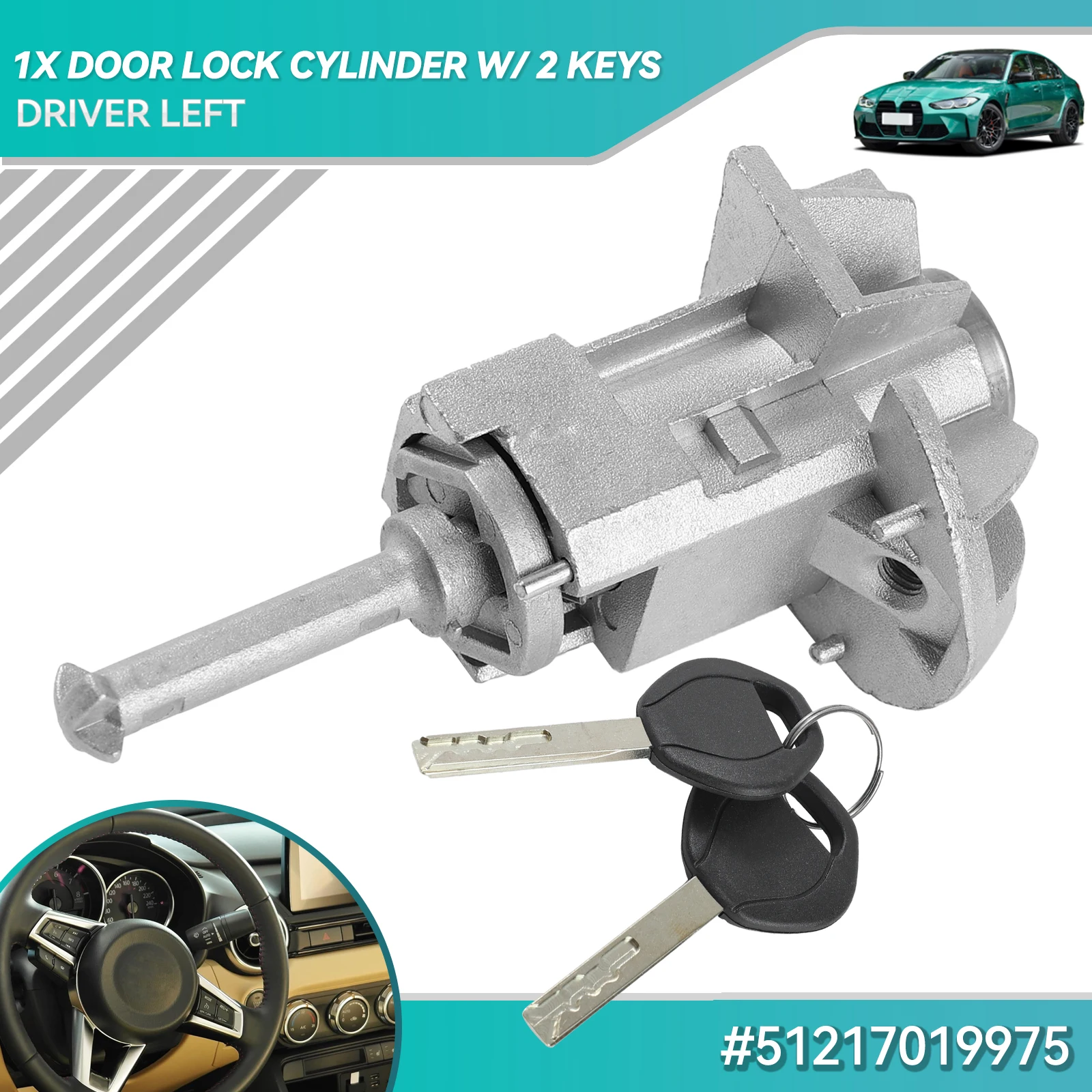 51217019975 Door Lock Assembly Left Driver Side Barrel Cylinder -with 2 Keys for BMW 3 Series E46 2001-2006 7019975 7 019 975