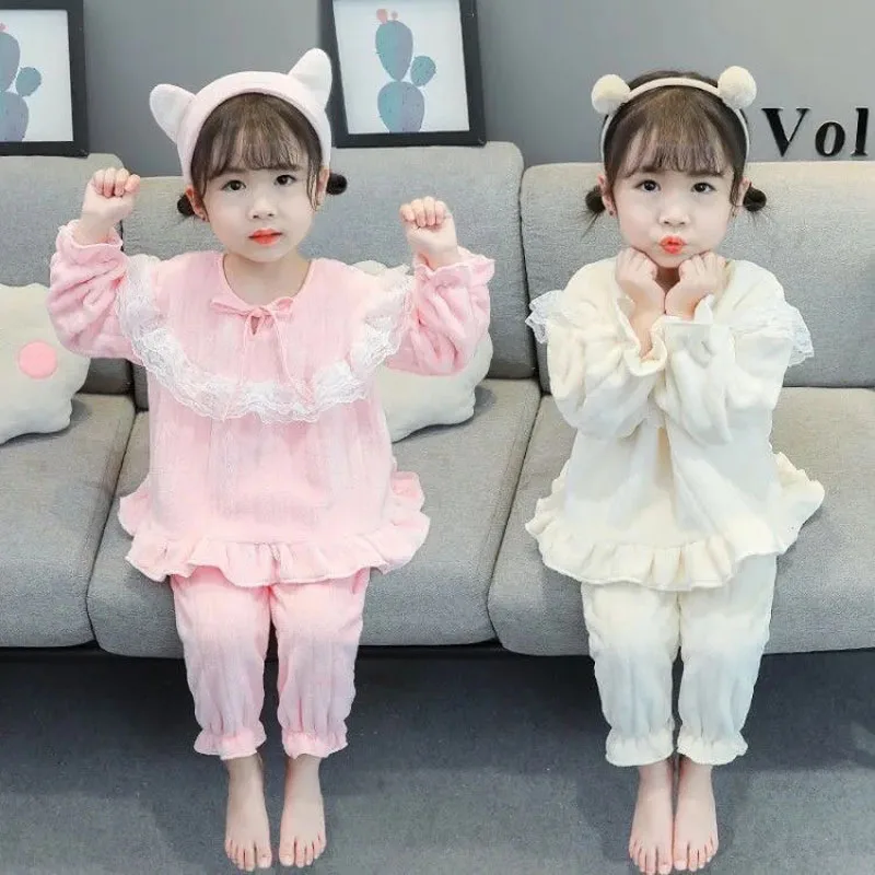 2 Pieces Set Autumn Winter Toddler Clothing Flannel Princess Pajamas Soft Comfortable Girls Baby Sleepwear Suit Lace Tops Pants