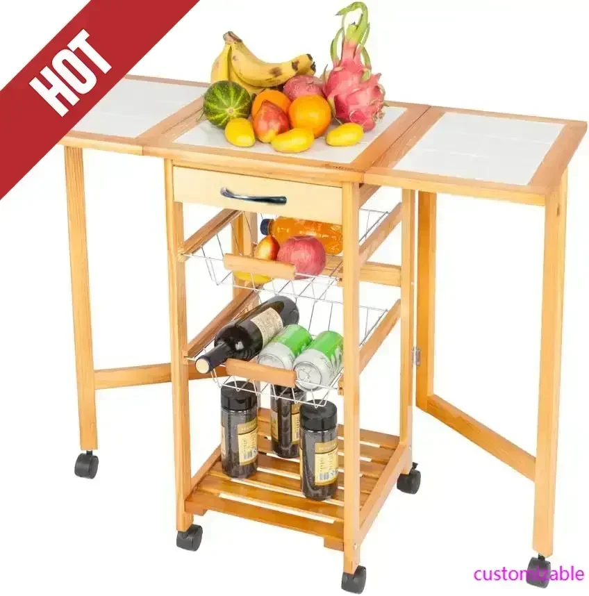 

Новая кухонная тележка-остров 2025 года с выдвижными ящиками, двумя корзинами и открытой полкой, передвижная тележка-стеллаж для кухни с откидной столешницей