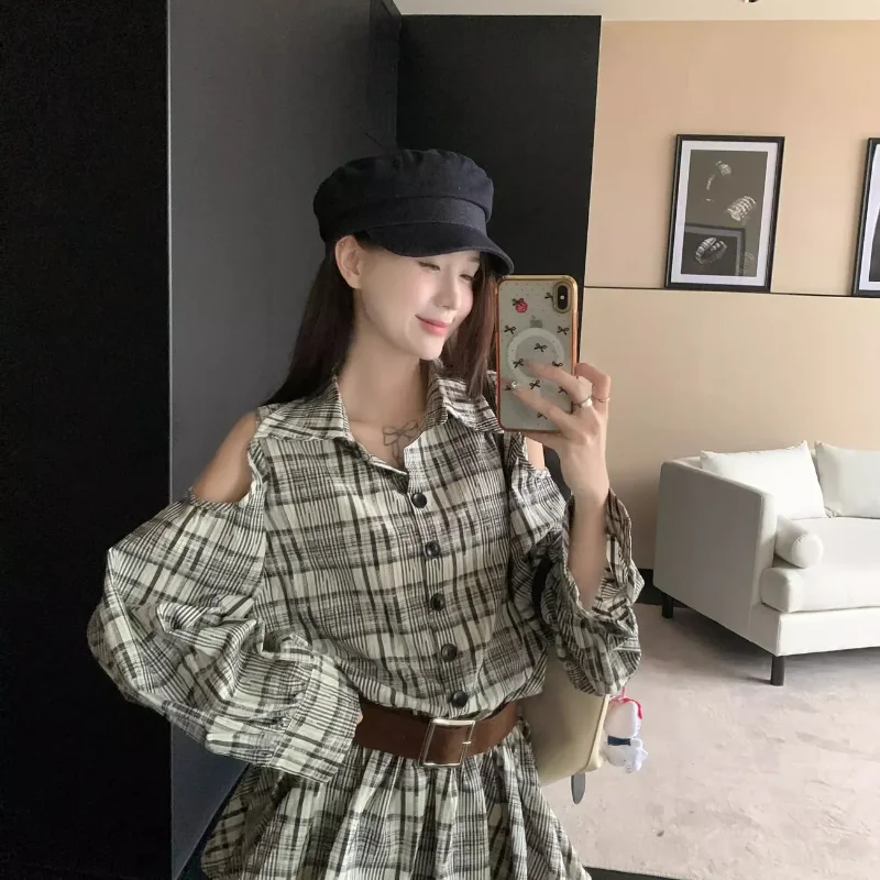 فستان ريترو منقوش عاري الكتفين بياقة بولو وأكمام طويلة للنساء قميص خريفي بتصميم على شكل حرف A