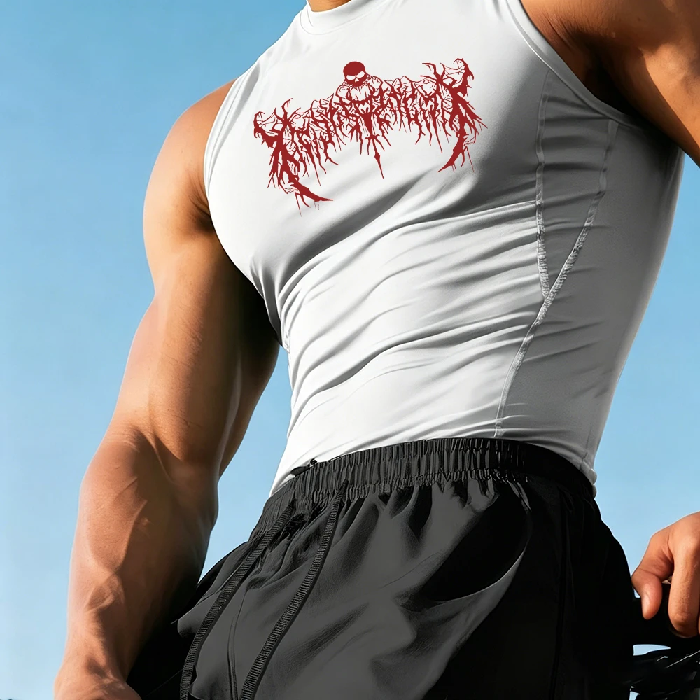 Men's Sleeveless Sports Vest Quick Drying Red Skull And Thorn Print Summer Fitness Cycling Basketball Training Casual Top