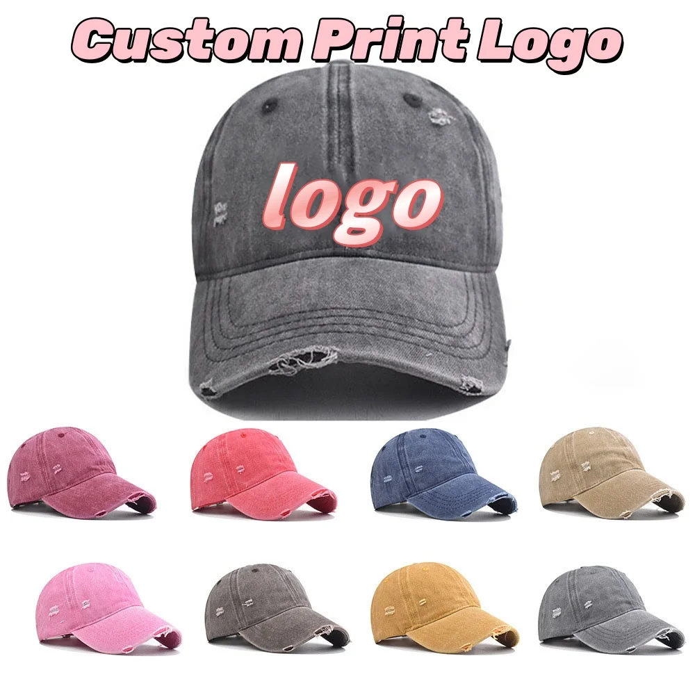 Customized Printed Logo Washed Baseball Cap Outdoor Unisex Hole Broken Hats Casual Adjustable Trucker Hat