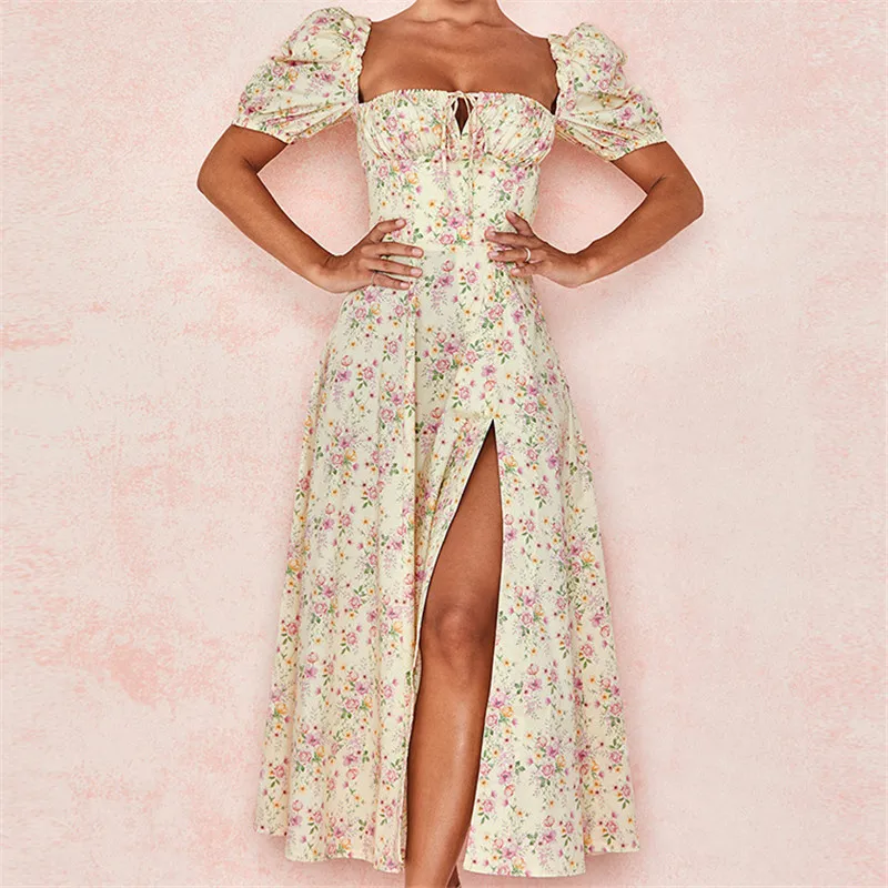Hoge split bloemenprint jurk zomer vrouwen vierkante kraag slanke bohemen jurk vrouwelijke bladerdeeg mouw lange kust strandjurk vestidos